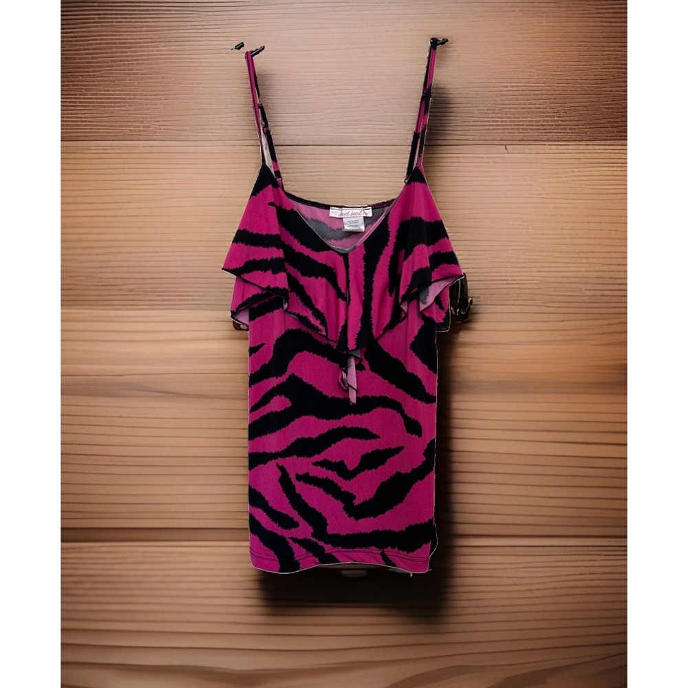 Vintage Y2K Wet Seal Hot Pink Zebra Scene Punk Tank Top Medium V Neck Ruffle